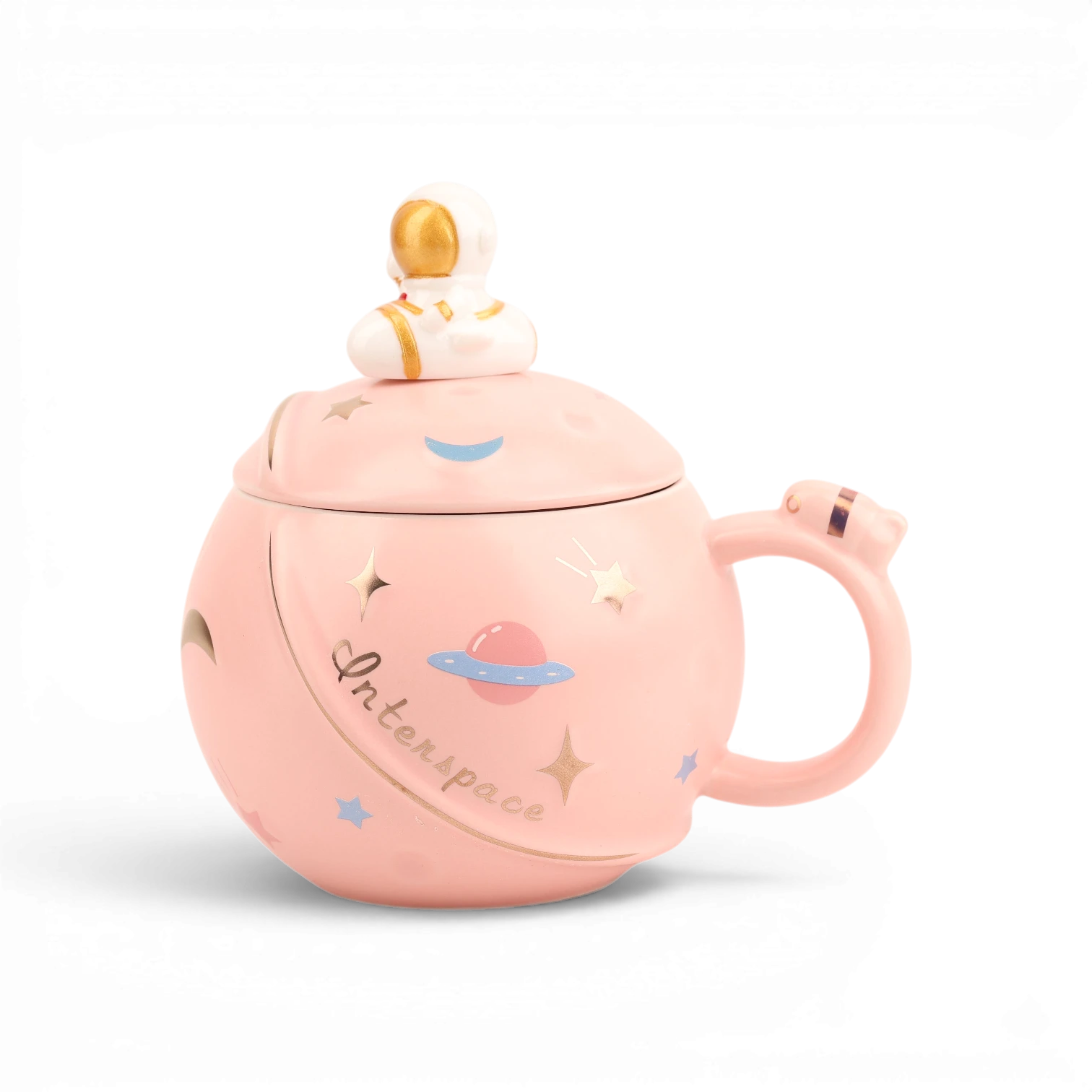 Pink ceramic mug with astronaut finial lid, space-themed illustrations, and stars by Boxigami