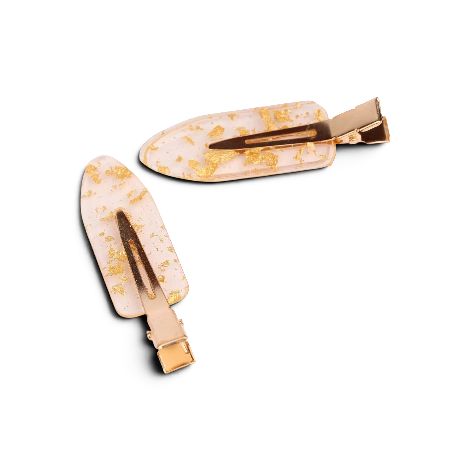 Blush pink acrylic resin hair clips with gold foil flecks and gold-tone hardware accents
