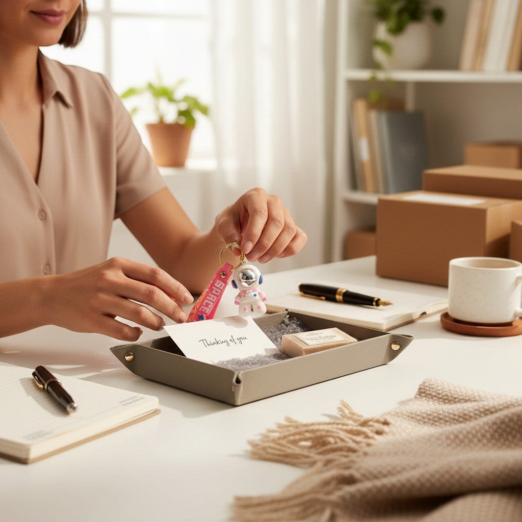 Boxigami astronaut charm with white suit, pink and blue accents, and reflective helmet. Includes a pink strap with "SPACE" text and gold keyring.