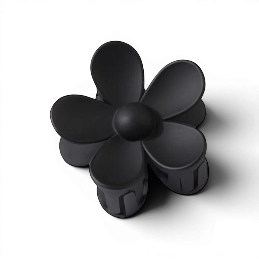 Boxigami black matte flower claw clip with 5 petals and a secure grip.