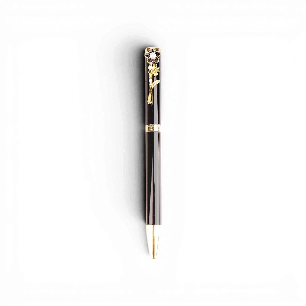 Bolígrafo metálico negro de Boxigami con punta de perla y clip decorativo de flor dorada. Accesorio de escritorio elegante.