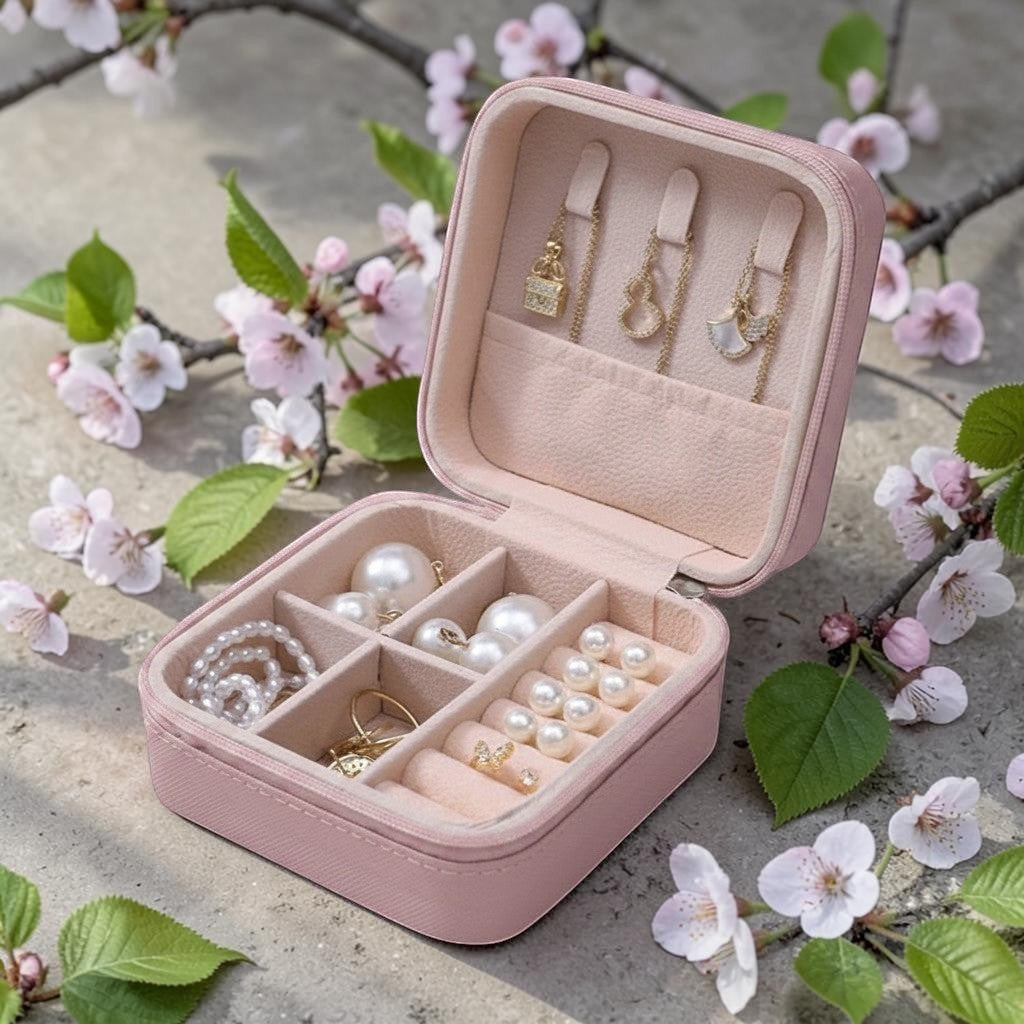 Boxigami caja de joyería de viaje de cuero rosa con interior forrado de terciopelo, compartimentos para collares, anillos y pendientes.