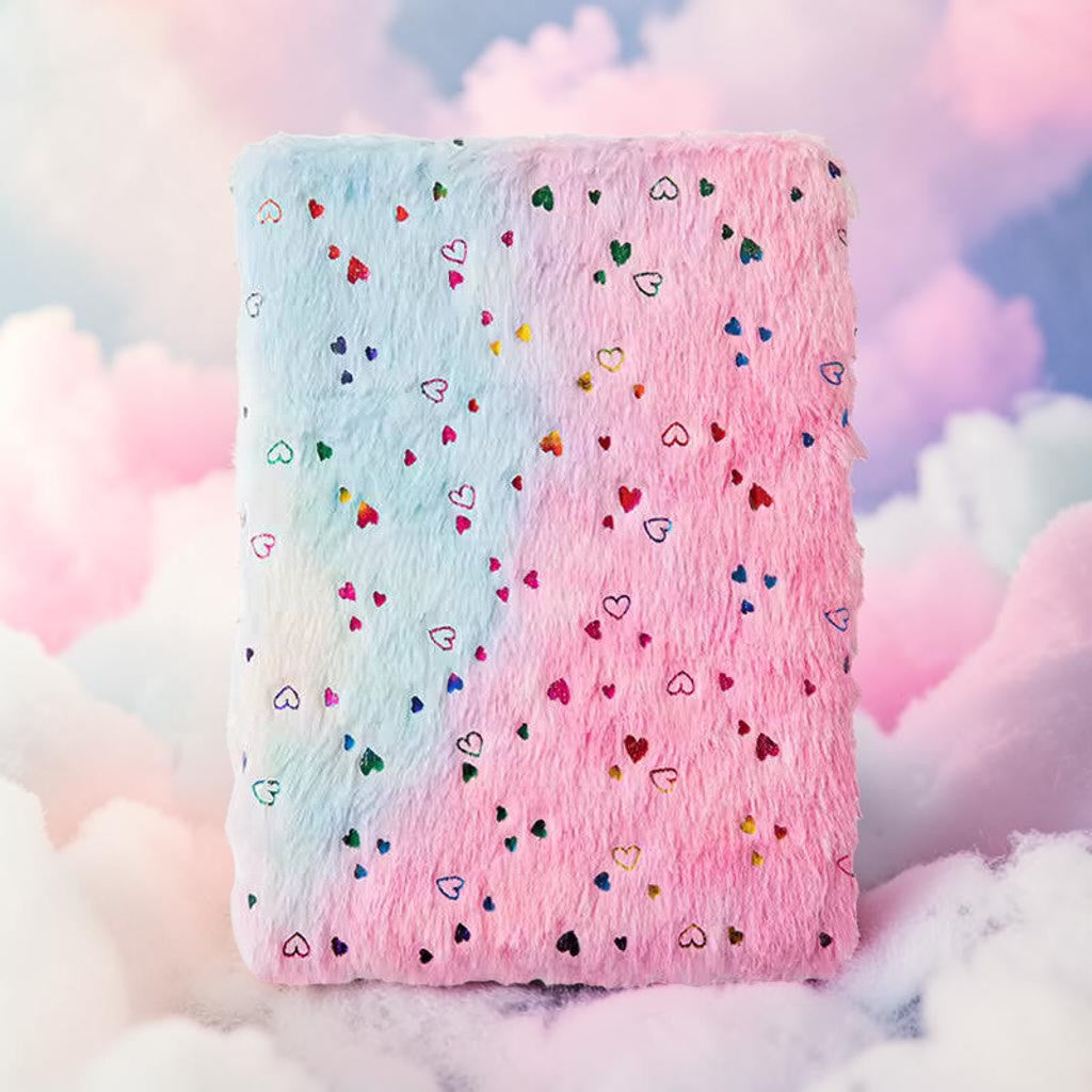 Boxigami cuaderno de felpa con cubierta degradada de rosa a azul y lentejuelas de corazón de colores. Páginas forradas para escritura diaria.