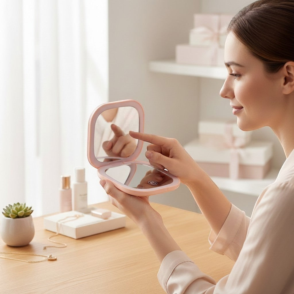 Boxigami espejo de maquillaje LED compacto rosa, con función de aumento y luz ambiental, ideal para viajes.