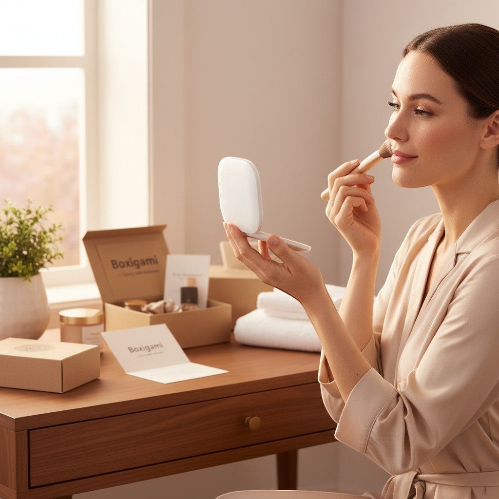 Espejo de maquillaje compacto blanco Boxigami con luz LED y función de aumento, ideal para viajes.