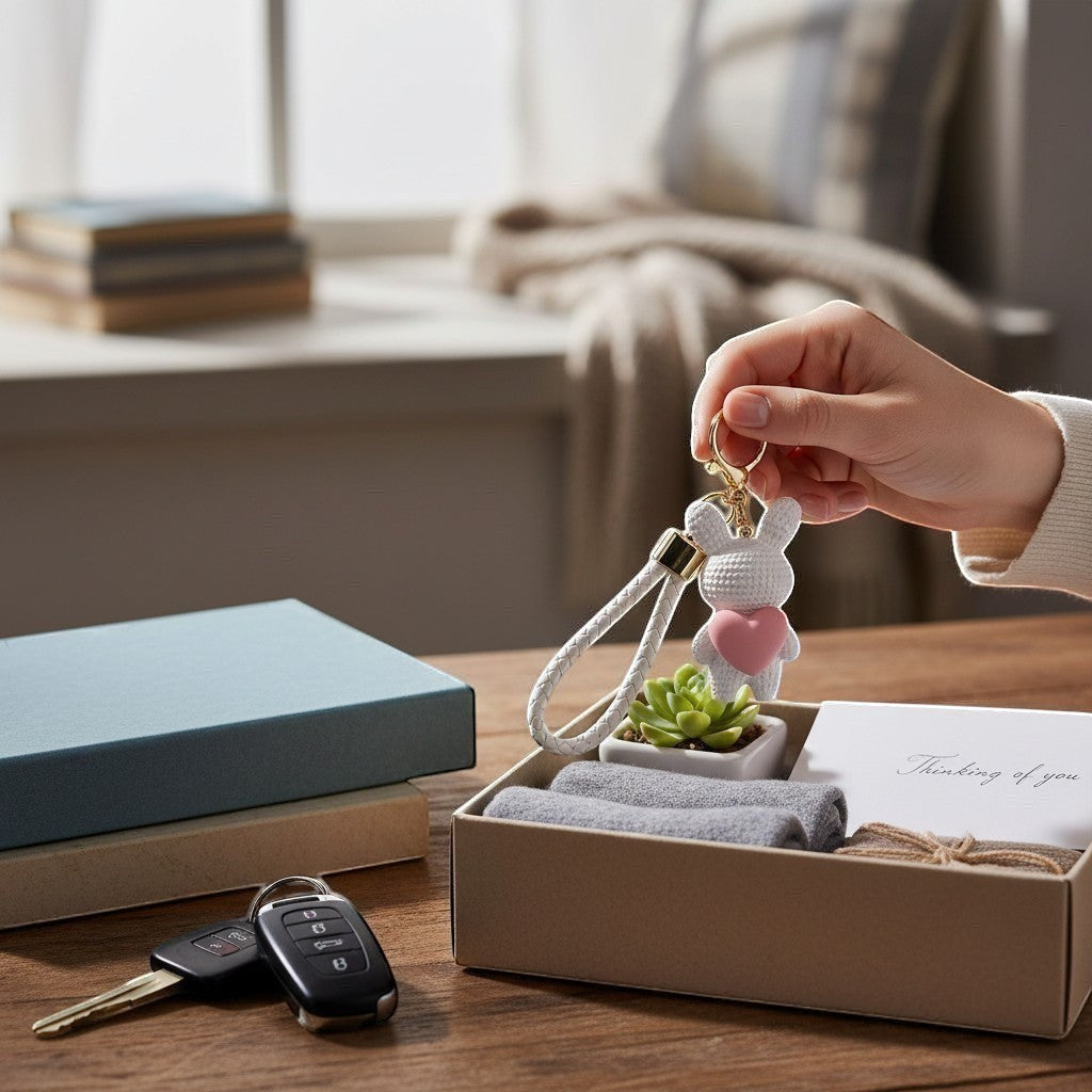 Boxigami llavero blanco con forma de conejo texturizado, corazón rosa liso, correa trenzada y herrajes dorados.