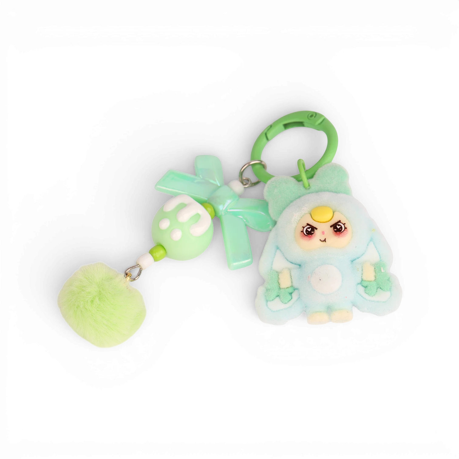 Boxigami llavero de peluche azul con forma de conejo, pompón verde y colgante de huevo decorado.