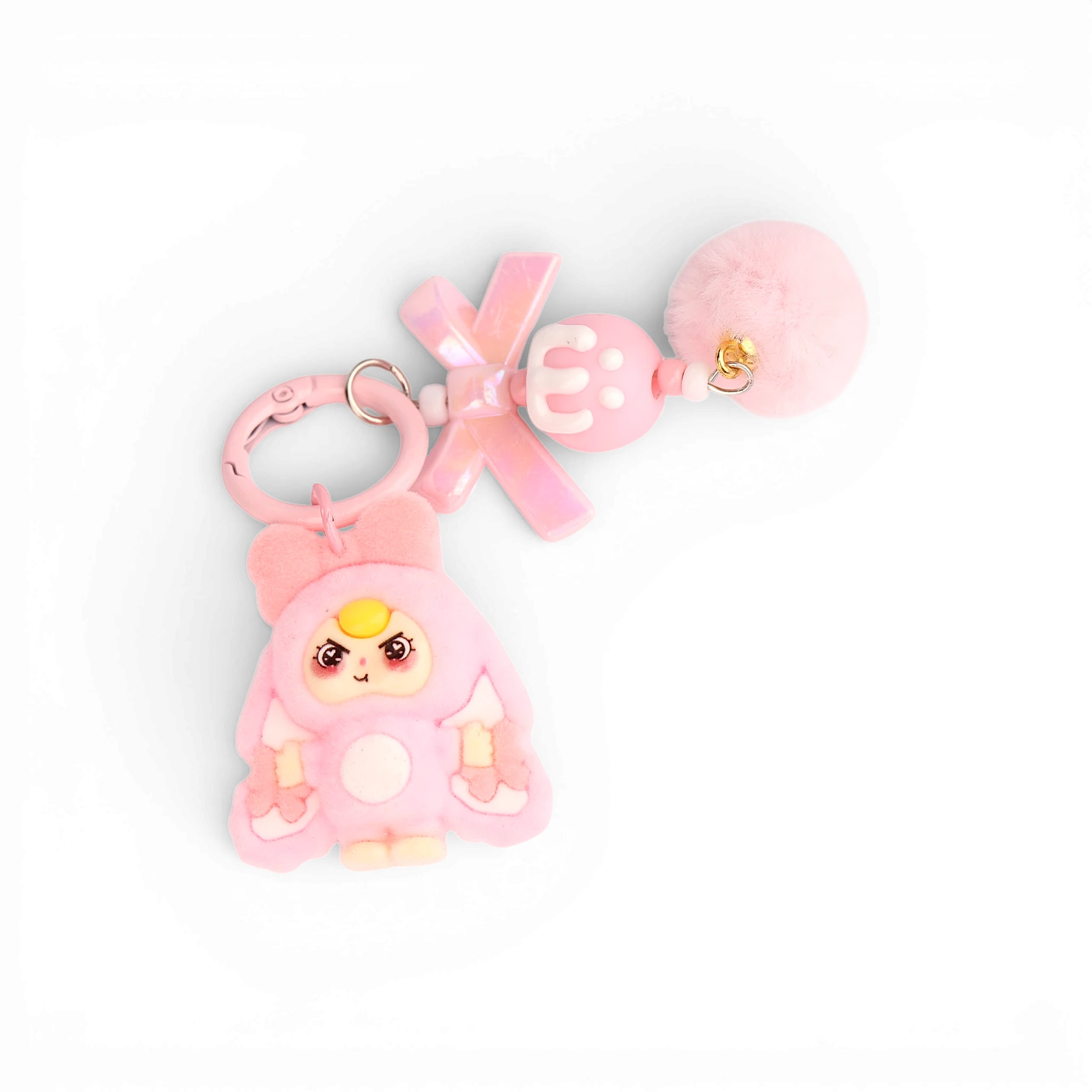 Boxigami llavero de conejo rosa con pompón y lazo, figura de PVC flocado con detalles de ojos y boca.