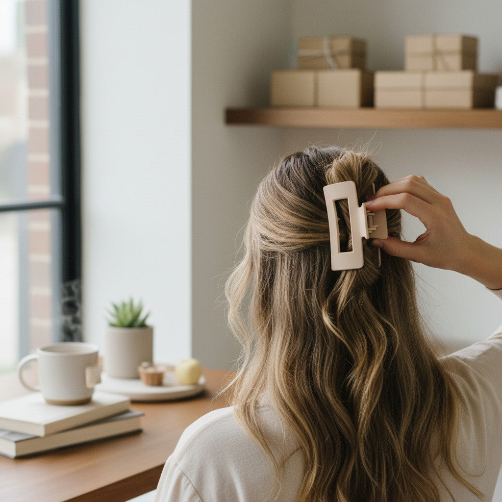 Pinza de pelo Boxigami de color beige, rectangular, con mandíbula de resorte fuerte para un agarre antideslizante.