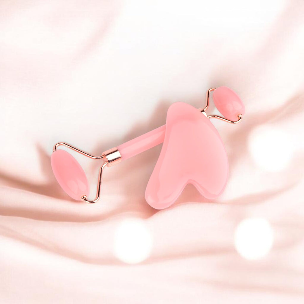 Set de rodillo de jade y gua sha Boxigami rosa para masaje facial y de cuello. Hecho de resina natural.