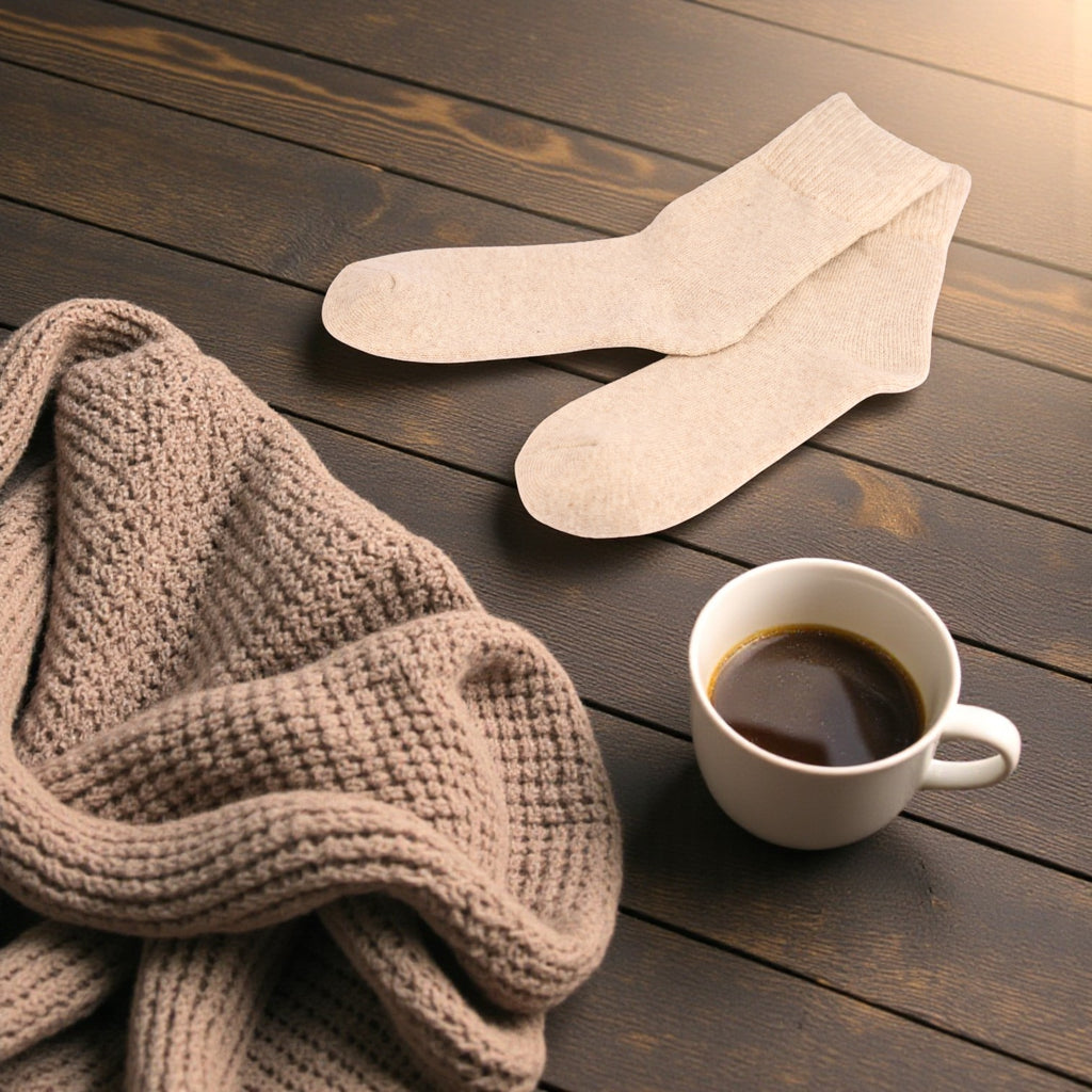 Boxigami beige wool thermal crew socks with plush terry loop construction for extreme cold.